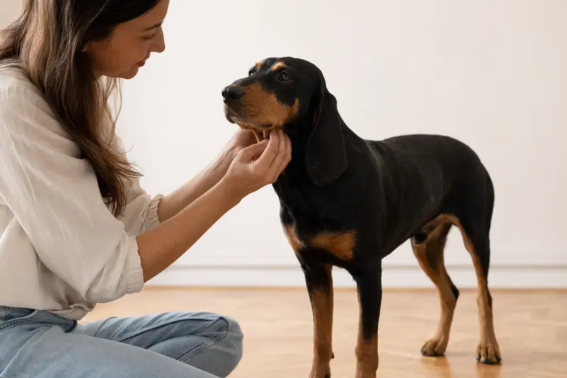 Ein aufmerksamer Kopov Bracke Hund steht in natürlicher Haltung vor hellem Hintergrund und zeigt die typische Fellstruktur der Rasse.