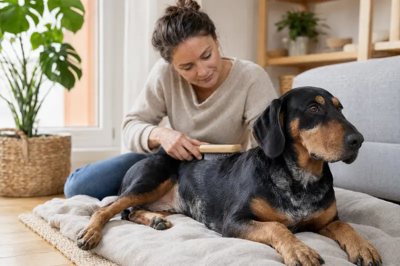 Ein Kopov Bracke Hund wird zuhause sanft gebürstet, während der Besitzer liebevoll die Fellpflege übernimmt.