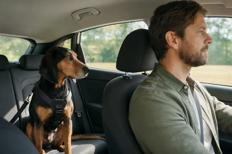 Ein Kopov Bracke Hund sitzt sicher angeschnallt auf der Rückbank eines Autos und genießt das Sonnenlicht.