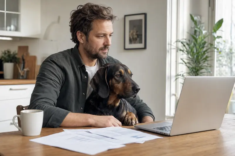 Ein Kopov Bracke Hund sitzt betevt neben seinem Besitzer am Küchentisch, während Versicherungsunterlagen und ein Laptop mit Vergleichsseite auf dem Tisch liegen.