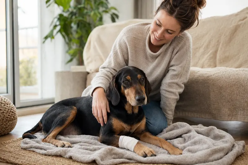 Ein Kopov Bracke Hund mit leichtem Verband an der Pfote liegt entspannt neben seinem Besitzer in einer hellen Wohnung.