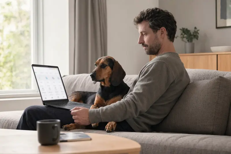 Besitzer mit Laptop auf dem Sofa, neben ihm ein Kopov Bracke Hund in ruhiger Wohnung, Bildschirm zeigt einen Versicherungsvergleich.