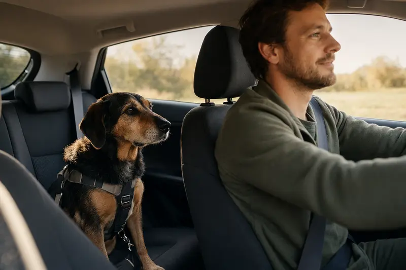 Ein sicher angeschnallter Kopov Hund auf der Rückbank des Autos symbolisiert Verantwortung und Fürsorge.