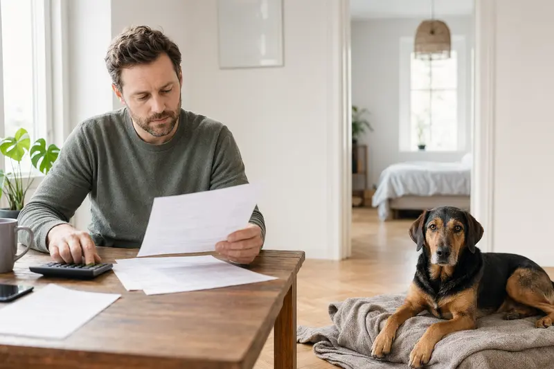 Ein Hundebesitzer sitzt mit einer Tierarztrechnung am Tisch, während sein entspannter Kopov auf einer Decke liegt und die ruhige Situation eine lösungsorientierte Auseinandersetzung mit Tierarztkosten zeigt.