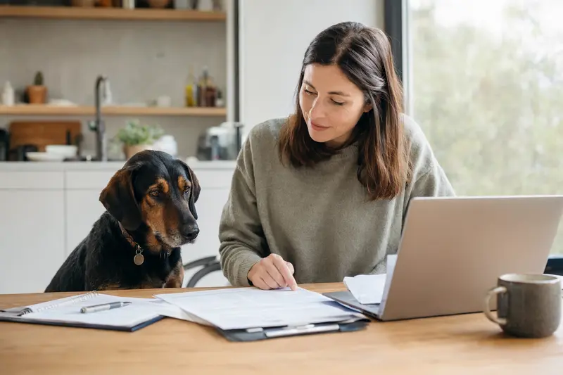 Ein Kopov Hund sitzt ruhig neben seinem Besitzer am Küchentisch mit Versicherungsunterlagen und einem Laptop.
