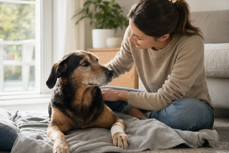 Ein Kopov Hund mit leichtem Verband an der Pfote liegt ruhig auf einer Decke, während sein Besitzer erleichtert neben ihm sitzt.