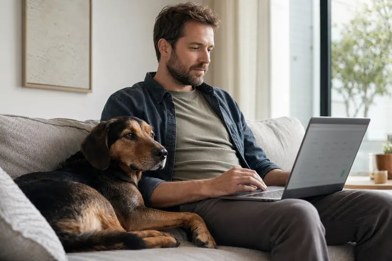 Ein Hundebesitzer arbeitet am Laptop auf dem Sofa, während sein Kopov Hund an seiner Seite sitzt.