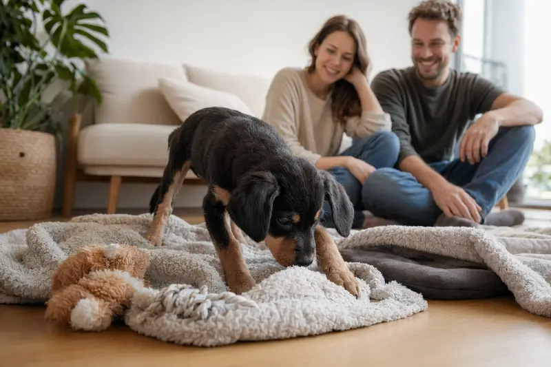 Ein neugieriger Kopov Welpe erkundet seine neue, freundliche Wohnung mit Spielzeug und einer loving Familie im Hintergrund.
