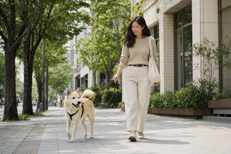 Ein Koreanischer Jindo läuft an der Leine mit seinem Besitzer durch eine freundliche moderne Stadtstraße.