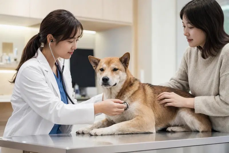 Ein ruhiger Koreanischer Jindo Hund wird von einer freundlichen Tierärztin auf einem Untersuchungstisch untersucht.