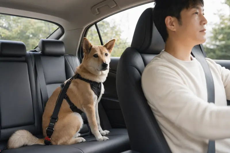Ein Koreanischer Jindo Hund sitzt sicher angeschnallt auf der Rückbank eines Autos, während die Sonne durch das Fenster scheint.