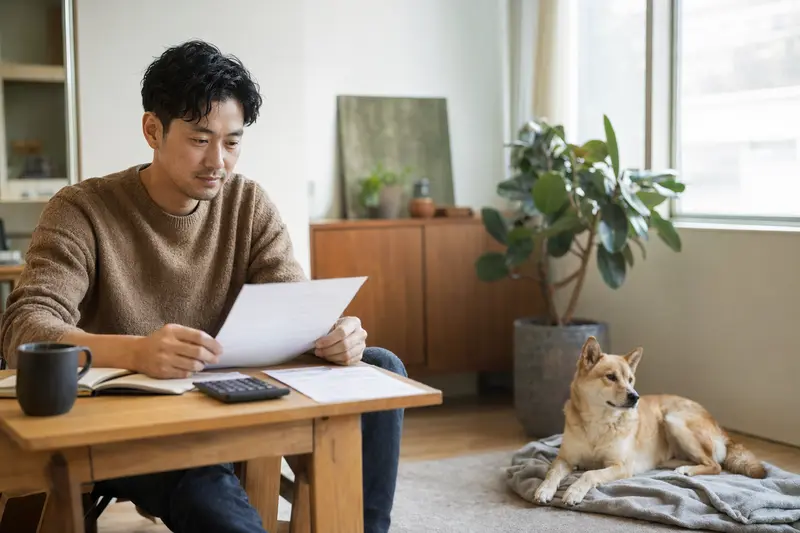 Ein Koreanischer Jindo Hund liegt entspannt auf einer Decke, während sein Besitzer am Tisch eine Tierarztrechnung prüft und das Thema Hundekrankenversicherung im Alltag sichtbar wird.