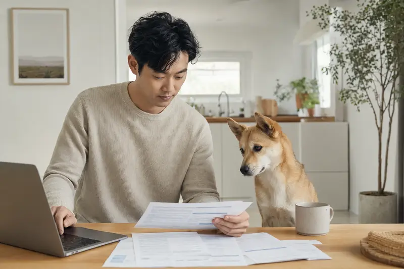 Ein ruhiger Koreanischer Jindo Hund sitzt neben seinem Besitzer am Küchentisch, wo Versicherungsunterlagen und ein Laptop liegen.