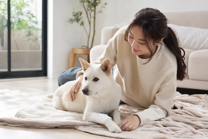 Ein Koreanischer Jindo Hund mit leichtem Verband an der Pfote liegt ruhig auf einer Decke, während sein Besitzer erleichtert neben ihm sitzt.