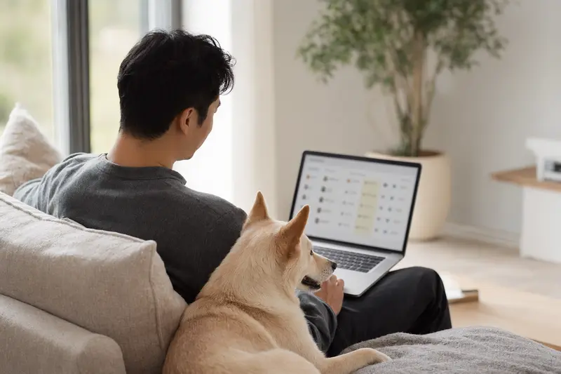 Ein Hundebesitzer arbeitet mit seinem Laptop auf dem Sofa, während ein Koreanischer Jindo Hund neben ihm sitzt und eine neutrale Versicherungsvergleichs-Seite angezeigt wird.