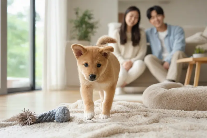 Ein neugieriger koreanischer Jindo Welpe erkundet sein neues Zuhause auf einer weichen Decke, während seine liebevolle Familie im Hintergrund beobachtet.