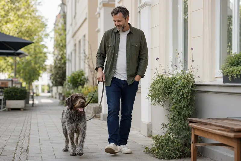 Ein Korthals Griffon läuft an der Leine mit seinem Besitzer durch eine moderne Stadtstraße.