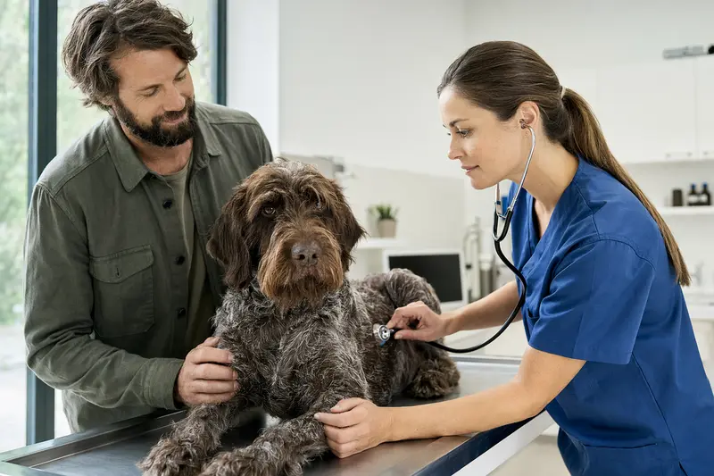 Ein ruhiger Korthals Griffon Hund wird behutsam von einer Tierärztin mit Stethoskop in einer modernen Praxis untersucht.