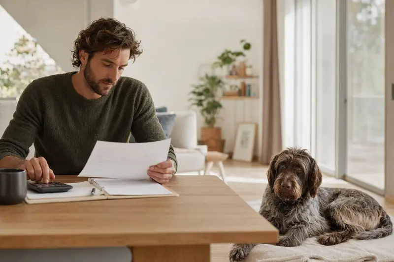 Ein Hundehalter sitzt mit einer Tierarztrechnung am Tisch, während ein entspannter Korthals Griffon auf einer Decke neben ihm liegt, passend zum Thema Hundekrankenversicherung.