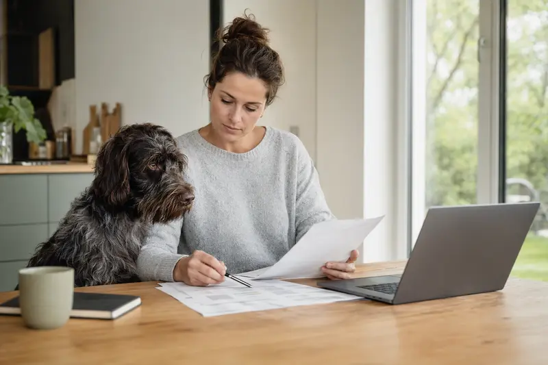 Ein Korthals Griffon Hund sitzt ruhig neben seinem Besitzer, während sie am Küchentisch Versicherungsunterlagen und einen Laptop mit Vergleichsdaten studieren.