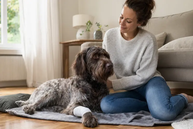 Ein entspannter Korthals Griffon Hund mit Verband an der Pfote liegend auf einer Decke neben seinem erleichterten Besitzer in einer hellen Wohnung.