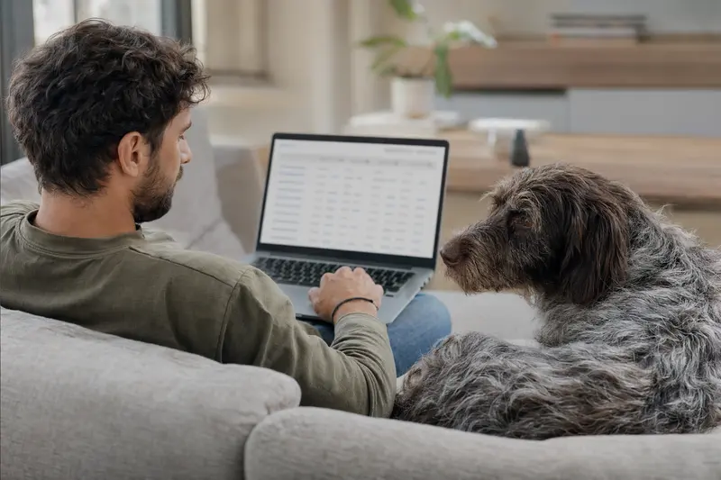 Ein Hundebesitzer am Laptop auf dem Sofa, neben ihm ein Korthals Griffon, zeigt die einfache Entscheidung für eine Tierversicherung.