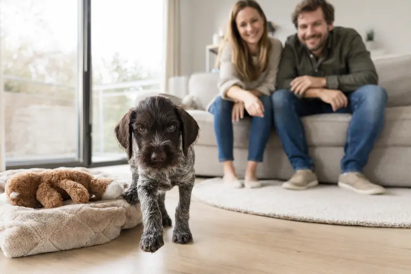 Ein neugieriger Korthals Griffon Welpe erkundet sein neues Zuhause mit Spielzeug und einer liebevollen Familie im Hintergrund.