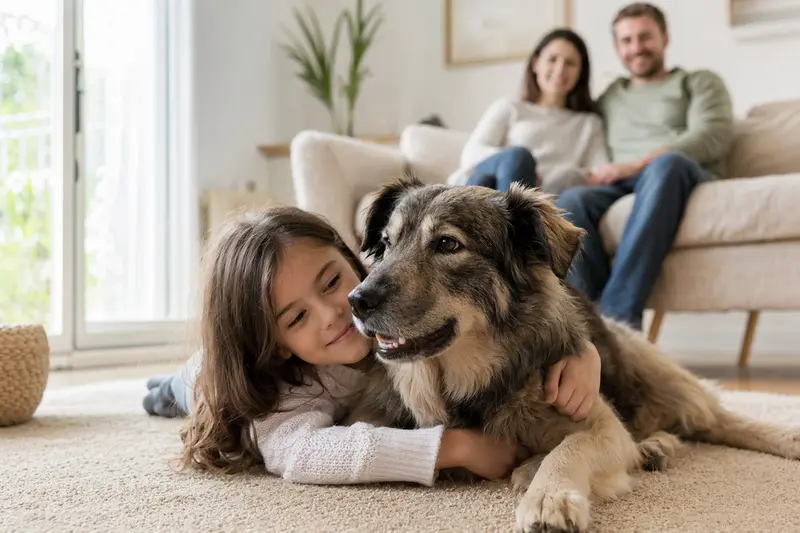 Ein Kraski Ovcar liegt entspannt neben einem Kind im hellen Wohnzimmer und vermittelt eine sichere Familienatmosphäre.
