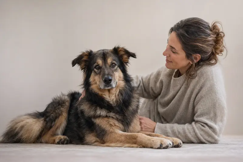 Ein Kraski Ovcar Hund steht aufmerksam in natürlicher Haltung vor hellem neutralem Hintergrund.
