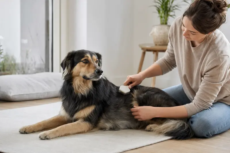 Ein Kraski Ovcar Hund wird in einer hellen Wohnung sanft gebürstet, während sich sein Besitzer liebevoll um die Fellpflege kümmert.