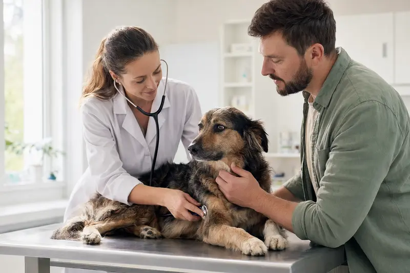 Ein ruhiger Kraski Ovcar Hund auf einem Untersuchungstisch in einer modernen Tierarztpraxis wird behutsam von einer freundlichen Tierärztin mit Stethoskop untersucht.
