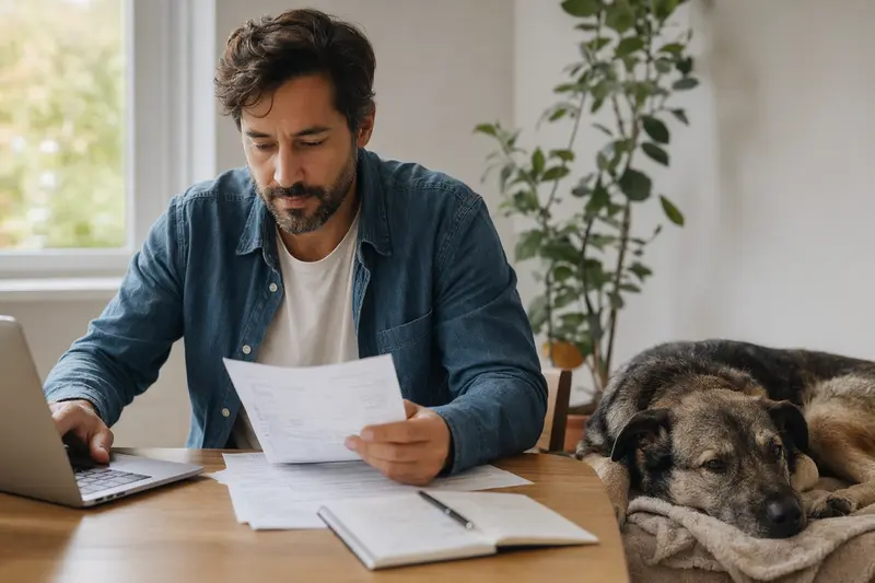 Ein Besitzer sitzt mit einer Tierarztrechnung am Tisch, während ein entspannter Kraski Ovcar auf einer Decke neben ihm liegt und das Thema Hundekrankenversicherung ruhig veranschaulicht.