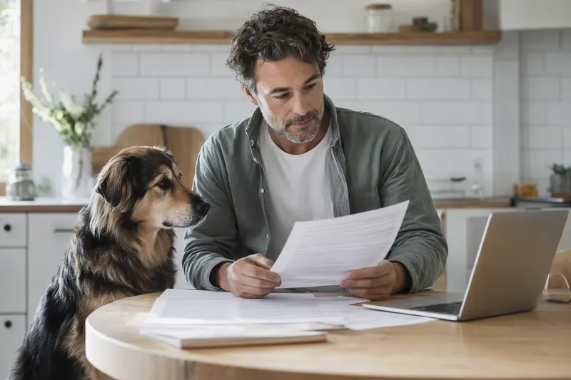 Ein Kraski Ovcar Hund sitzt entspannt neben seinem Besitzer am Tisch, während Versicherungsunterlagen und ein Laptop zu sehen sind.