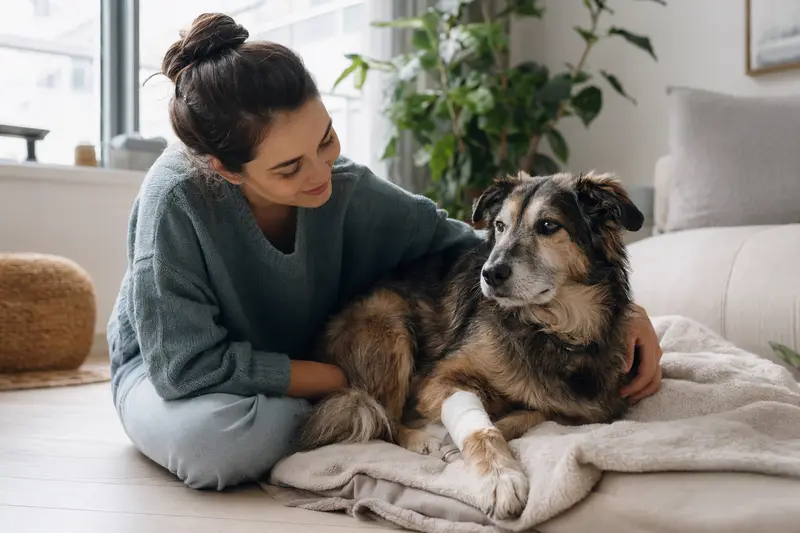 Ein Kraski Ovcar Hund mit einem leichten Verband an der Pfote liegt entspannt auf einer Decke neben seinem erleichterten Besitzer in einer lichtdurchfluteten Wohnung.