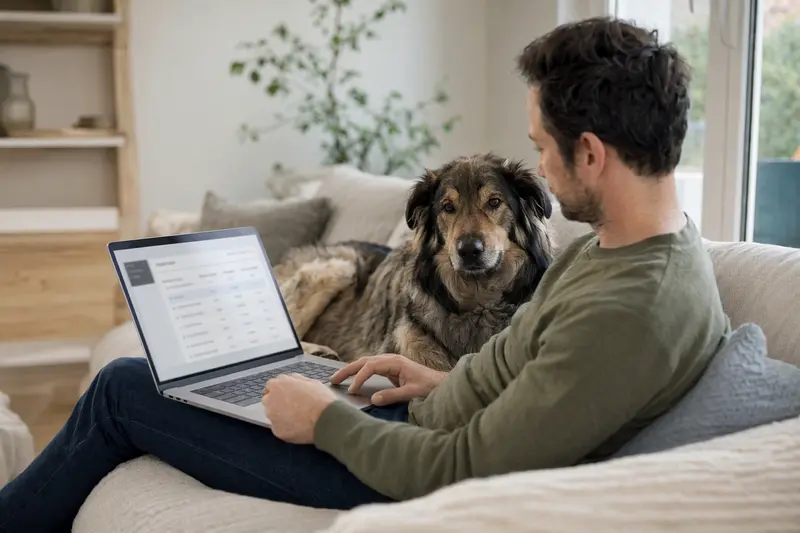 Ein Hund neben einem Besitzer, der auf dem Sofa mit einem Laptop arbeitet, während eine Versicherungsvergleichsseite auf dem Bildschirm angezeigt wird.