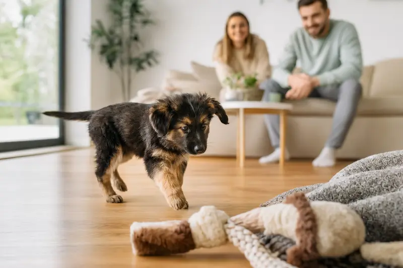 Ein neugieriger Kraski Ovcar Welpe erkundet sein neues Zuhause mit einer liebevollen Familie im Hintergrund.