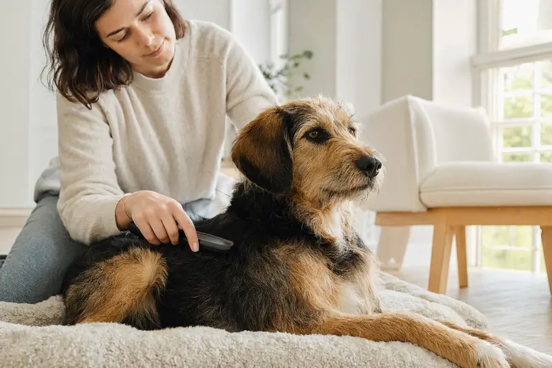 Ein Kretischer Spürhund wird zuhause von seinem Besitzer sanft gebürstet, was die liebevolle Fellpflege und verantwortungsvolle Hundegesundheit zeigt.