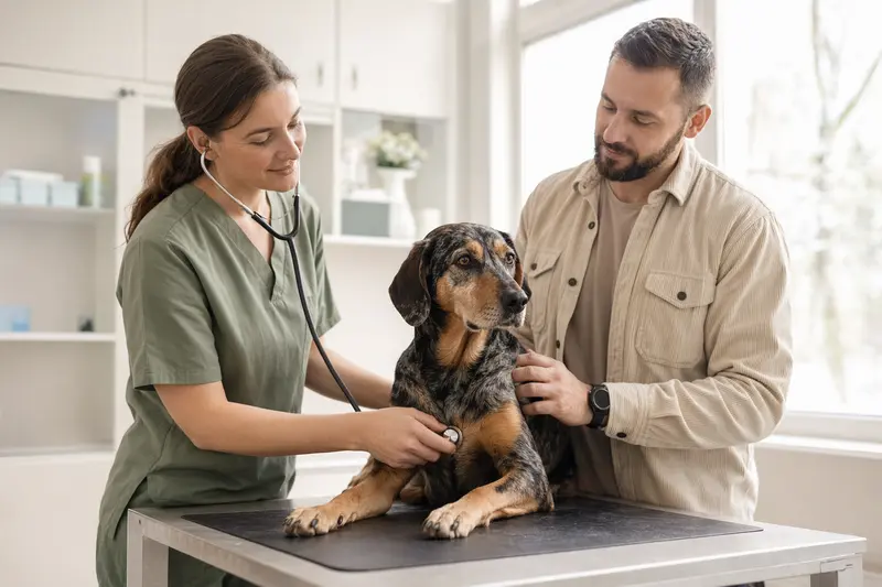 Ein ruhiger Kretischer Spürhund wird von einer freundlichen Tierärztin mit einem Stethoskop in einer modernen Tierarztpraxis untersucht.