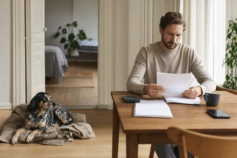 Ein Hundehalter sitzt mit einer Tierarztrechnung am Tisch, während ein entspannter Kretischer Spürhund ruhig auf einer Decke liegt.
