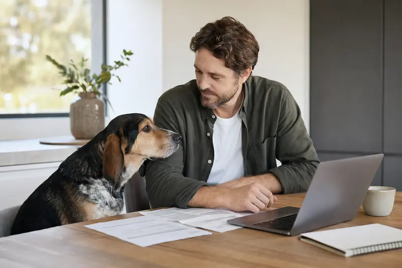 Kretischer Spürhund sitzt friedlich neben seinem Besitzer an einem Küchentisch mit Versicherungsdokumenten und einem Laptop zur Tierversicherung.