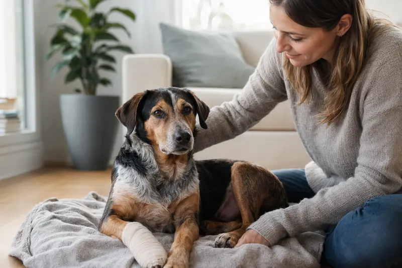 Ein kretischer Spürhund entspannt mit einem Verband an der Pfote auf einer Decke, während sein Besitzer erleichtert daneben sitzt.