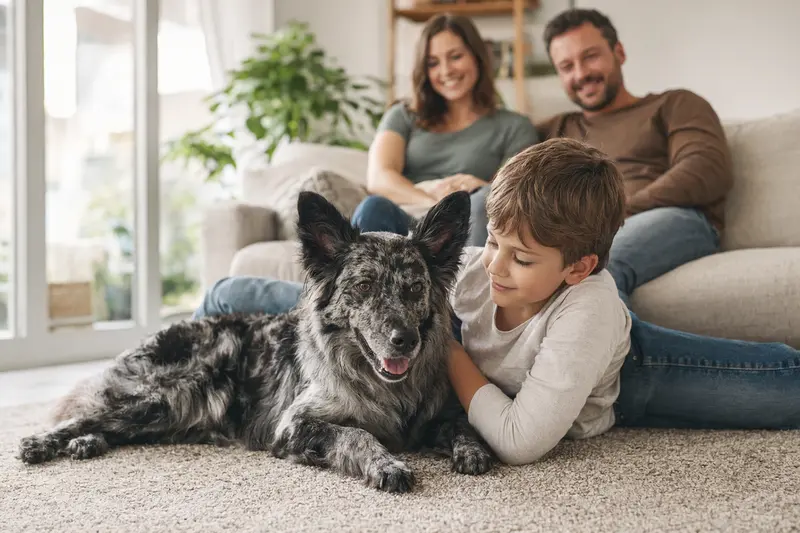 Ein entspannter Kroatischer Schäferhund liegt freundlich neben einem Kind im hellen Wohnzimmer, während die Eltern im Hintergrund eine sichere Familienatmosphäre vermitteln.