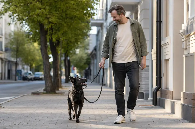 Ein Kroatischer Schäferhund läuft an der Leine mit seinem Besitzer durch eine moderne Stadtstraße.