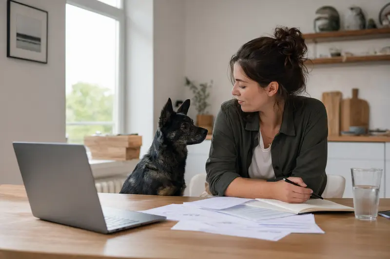 Ein Kroatischer Schäferhund sitzt entspannt neben seinem Besitzer am Küchentisch, auf dem Versicherungsunterlagen und ein Laptop liegen.
