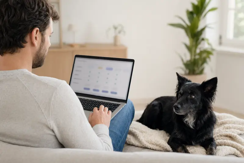 Ein Hundebesitzer sitzt mit einem Kroatischen Schäferhund auf dem Sofa und vergleicht Tierversicherungen am Laptop.