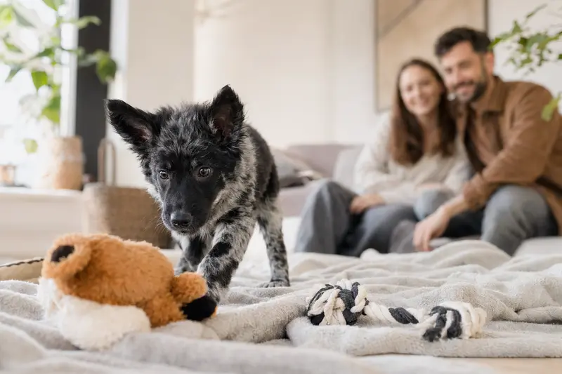Ein neugieriger kroatischer Schäferhund Welpe entdeckt sein neues Zuhause auf einer weichen Decke.
