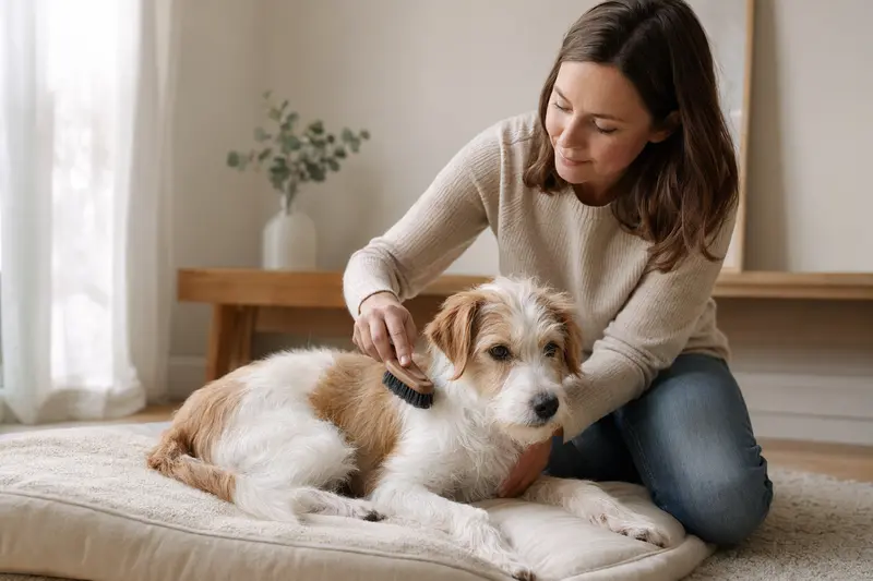 Ein Kromfohrländer wird zuhause von seinem Besitzer sanft gebürstet, was liebevolle Fellpflege und verantwortungsvolle Hundegesundheit zeigt.