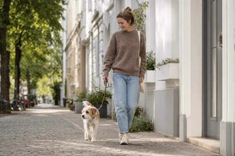 Ein Kromfohrländer läuft an der Leine mit seinem Besitzer durch eine moderne Stadtstraße.