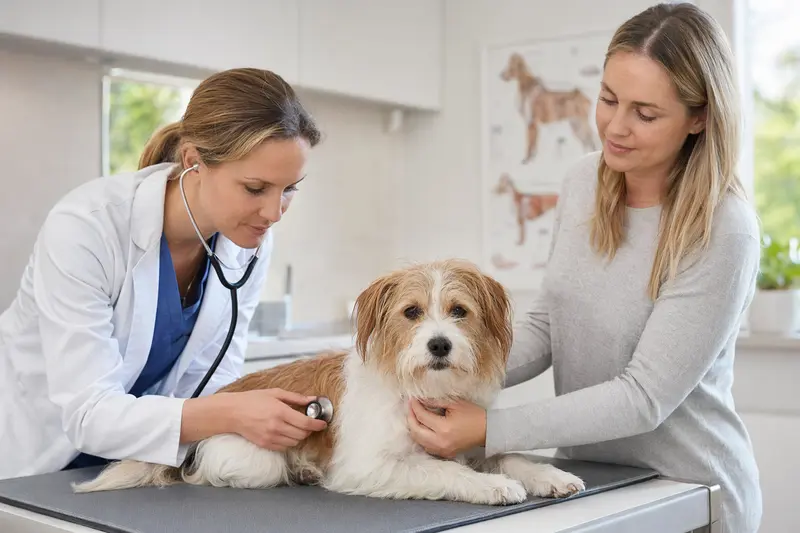 Ein Kromfohrländer Hund wird behutsam von einer Tierärztin mit Stethoskop in einer modernen Praxis untersucht, während sein Besitzer beruhigend daneben steht.