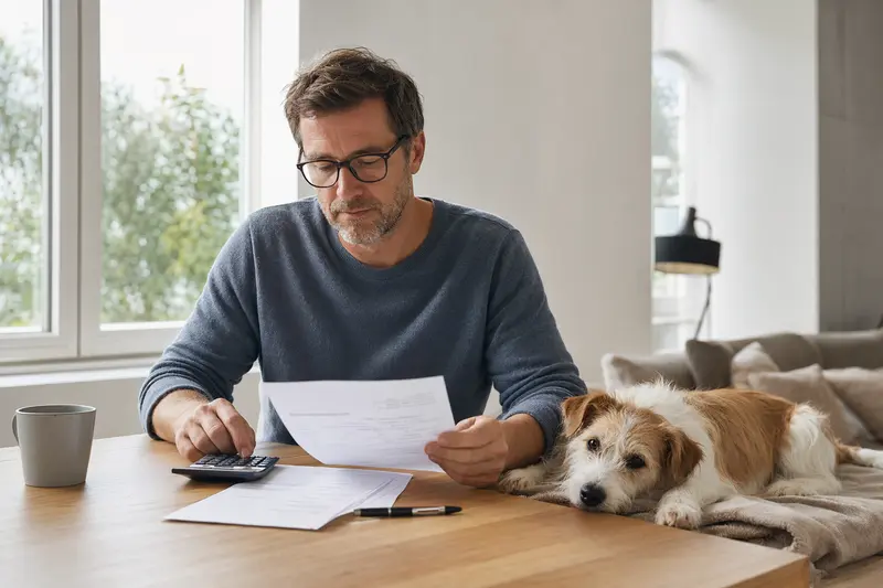Ein Hundehalter sitzt mit einer Tierarztrechnung am Tisch, während ein entspannter Kromfohrländer auf einer Decke in einer hellen Wohnung liegt.